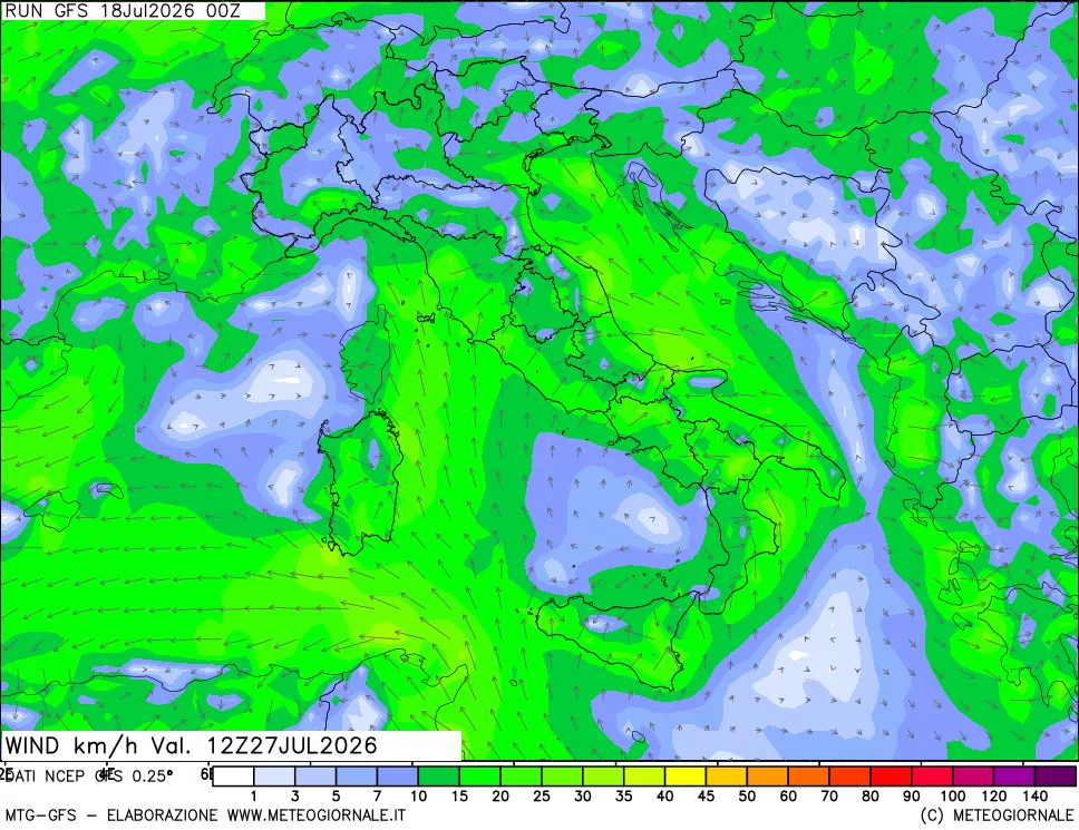 mappa 10 m Vento forza e direzione