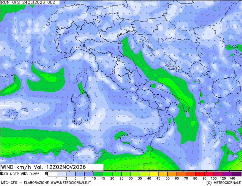 mappa 10 m Vento forza e direzione