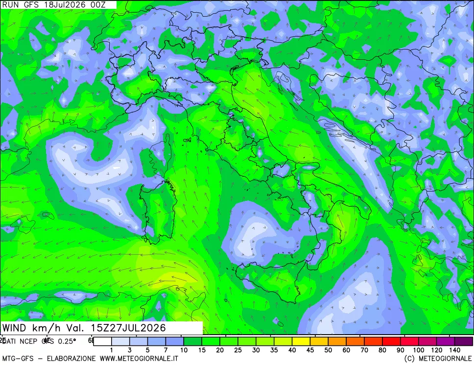 mappa 10 m Vento forza e direzione