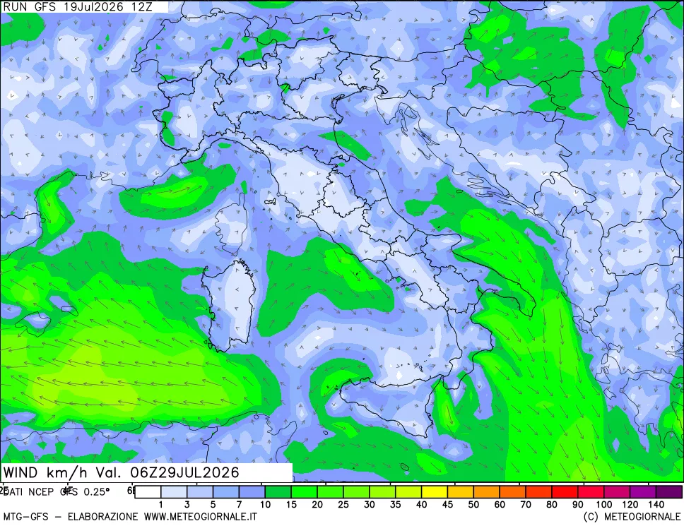mappa 10 m Vento forza e direzione