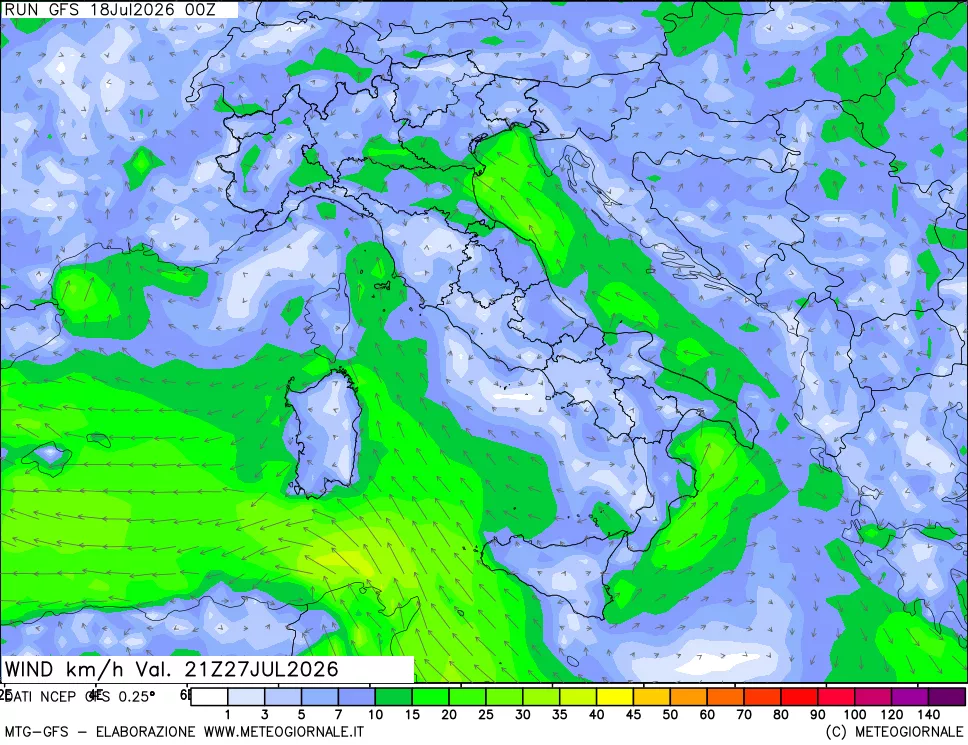 mappa 10 m Vento forza e direzione