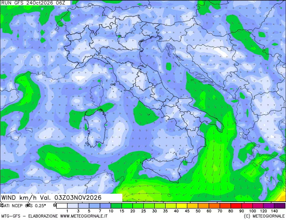 mappa 10 m Vento forza e direzione