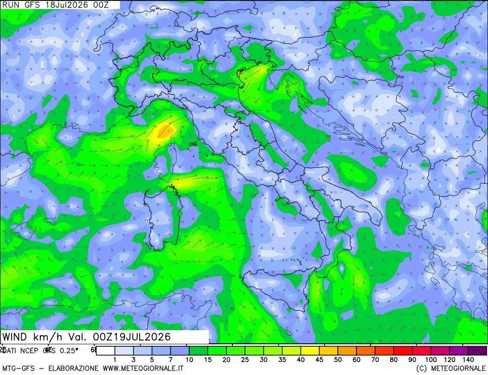 mappa 10 m Vento forza e direzione