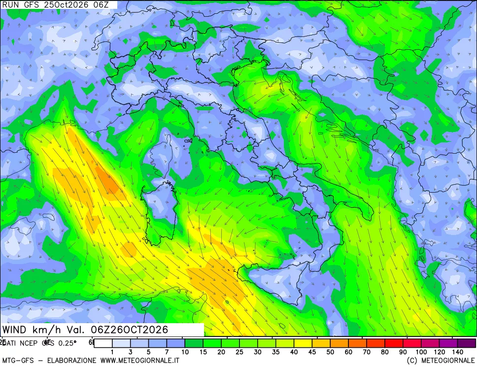 mappa 10 m Vento forza e direzione