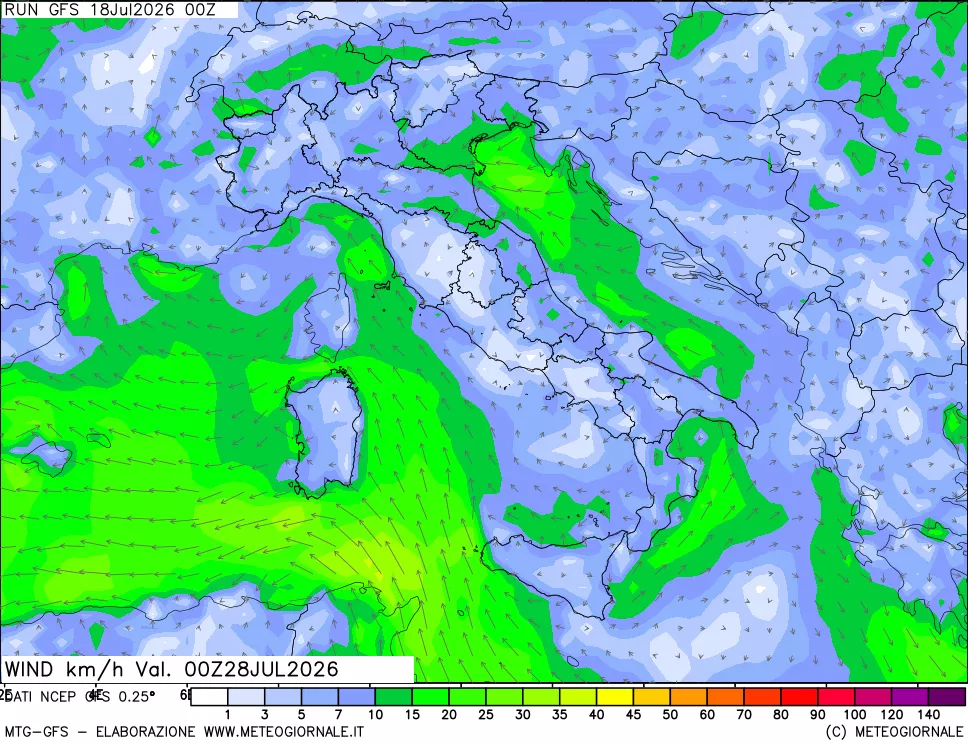 mappa 10 m Vento forza e direzione