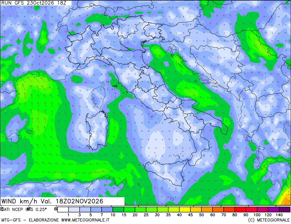 mappa 10 m Vento forza e direzione