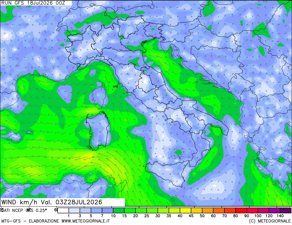 mappa 10 m Vento forza e direzione