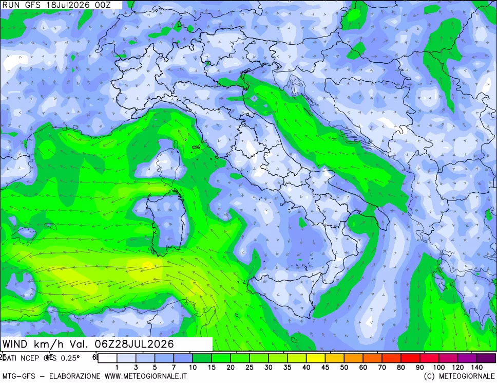 mappa 10 m Vento forza e direzione