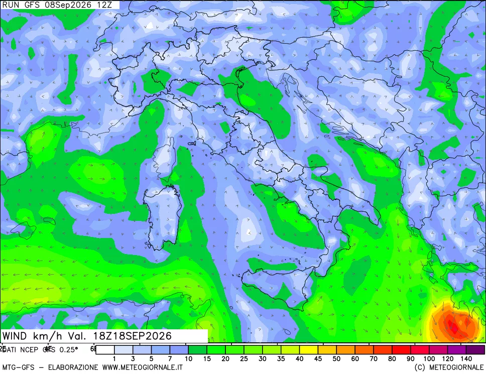 mappa 10 m Vento forza e direzione