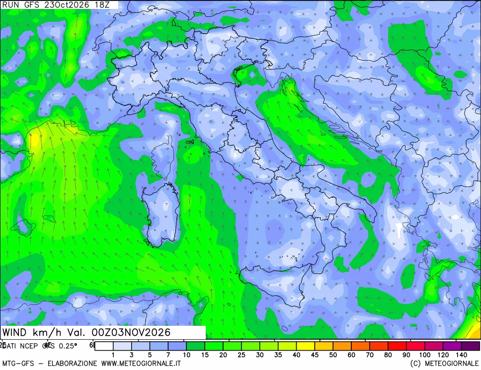 mappa 10 m Vento forza e direzione