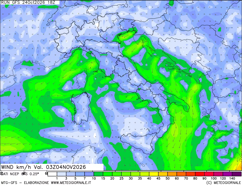mappa 10 m Vento forza e direzione