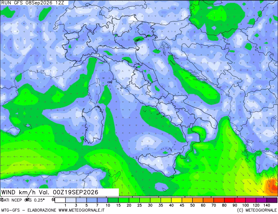 mappa 10 m Vento forza e direzione
