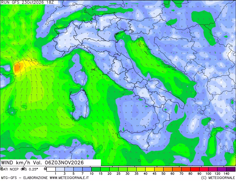 mappa 10 m Vento forza e direzione