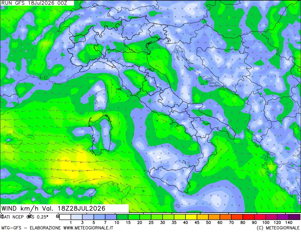 mappa 10 m Vento forza e direzione