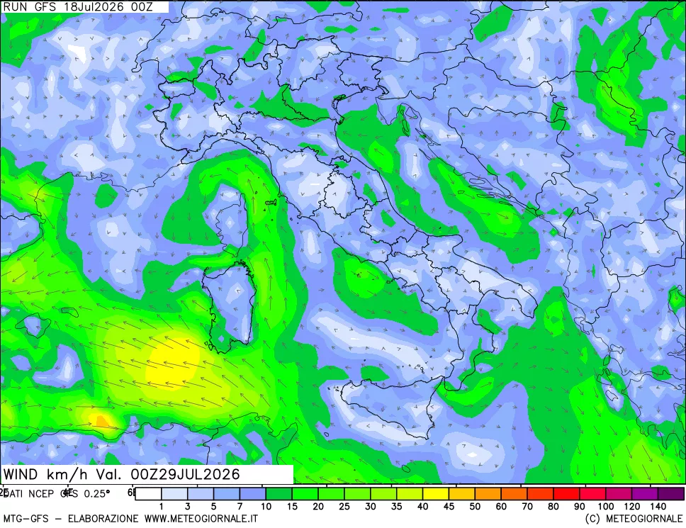 mappa 10 m Vento forza e direzione