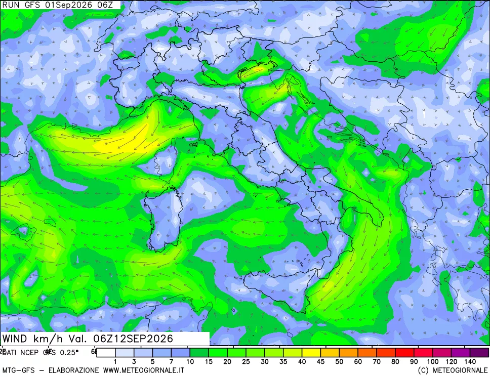 mappa 10 m Vento forza e direzione