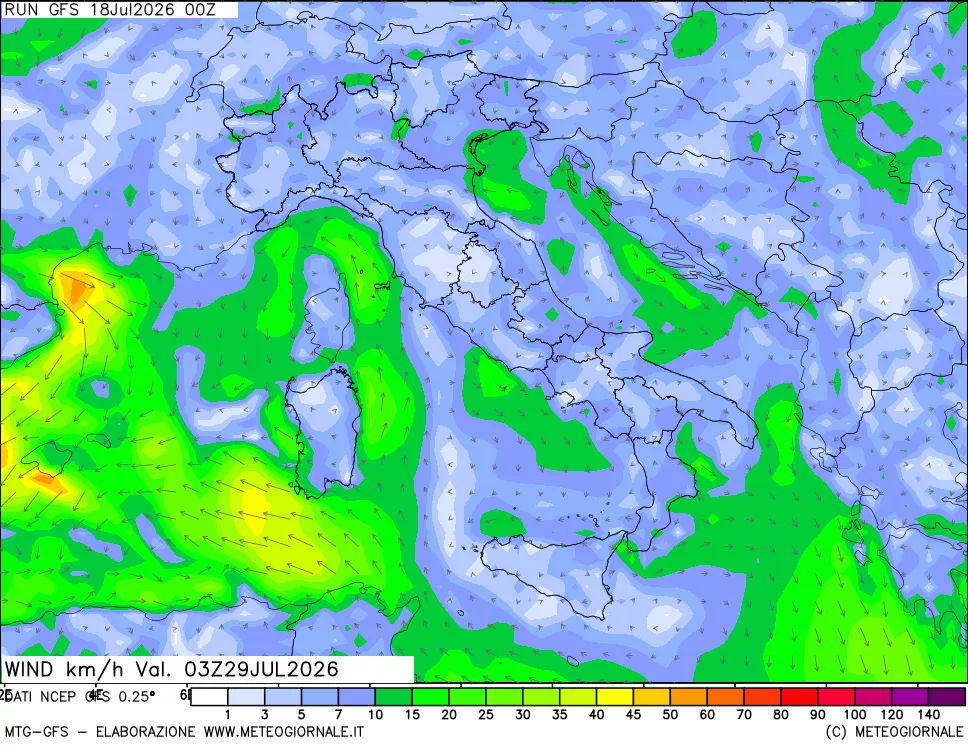 mappa 10 m Vento forza e direzione