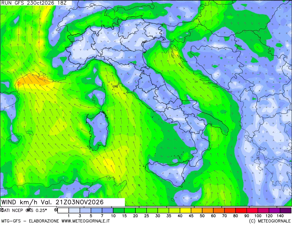 mappa 10 m Vento forza e direzione