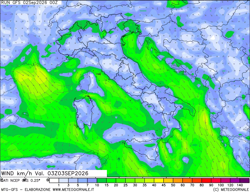 mappa 10 m Vento forza e direzione