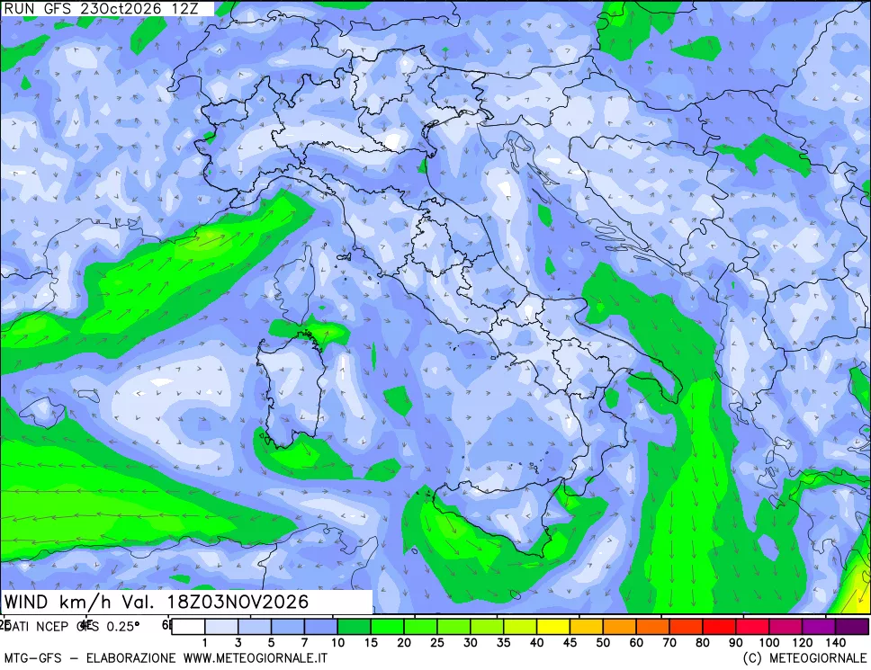 mappa 10 m Vento forza e direzione