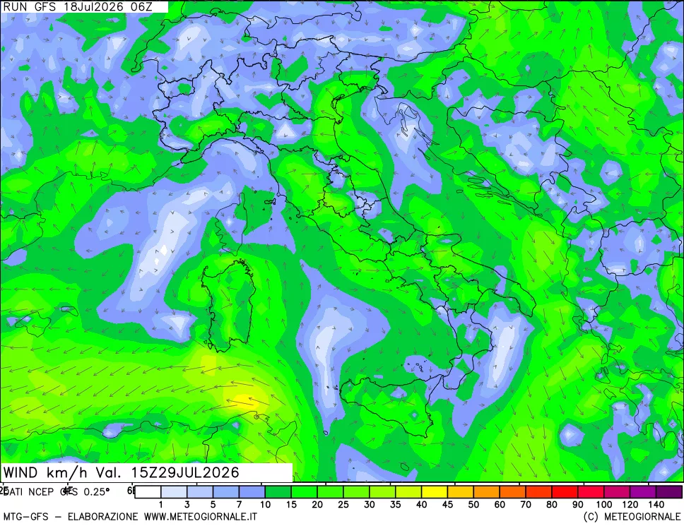 mappa 10 m Vento forza e direzione