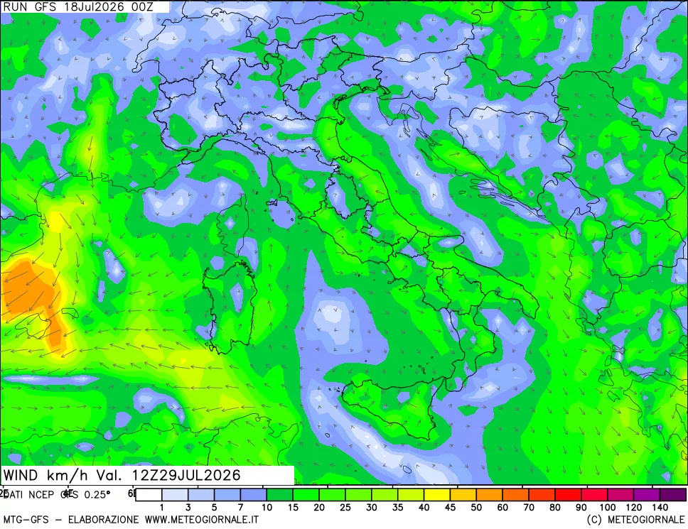 mappa 10 m Vento forza e direzione