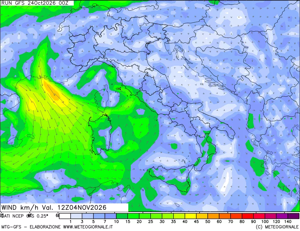 mappa 10 m Vento forza e direzione