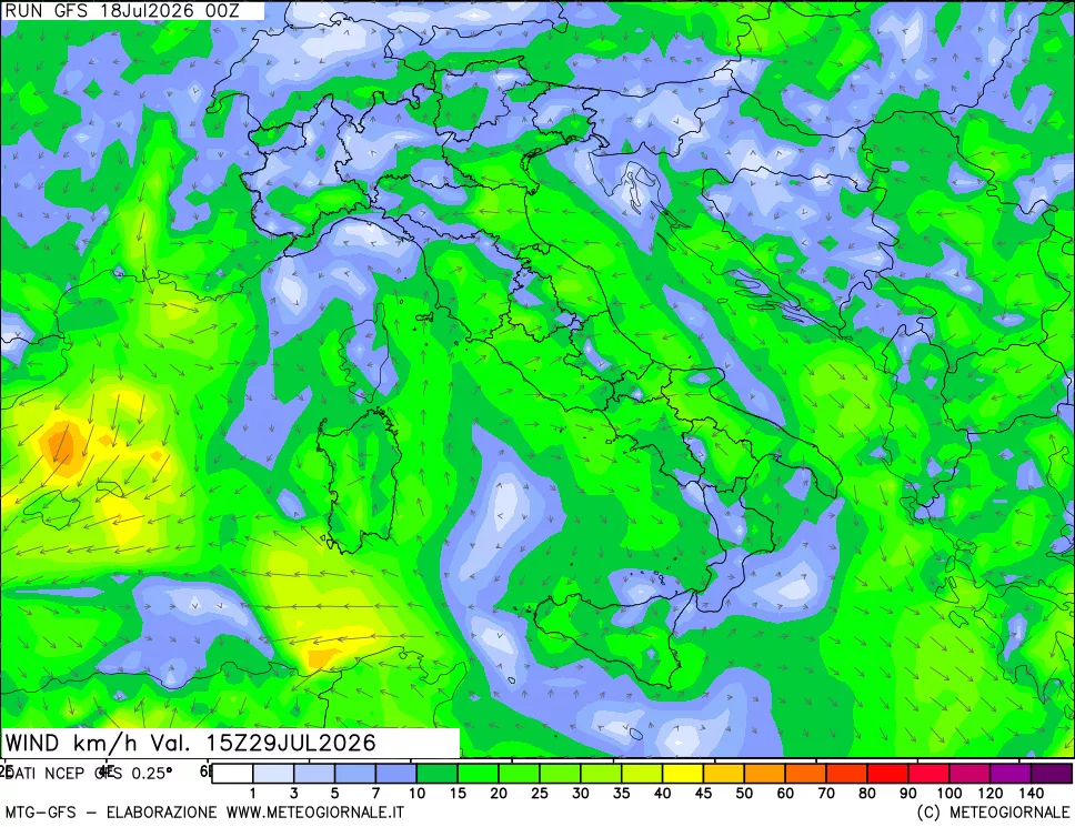 mappa 10 m Vento forza e direzione