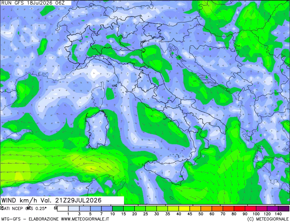 mappa 10 m Vento forza e direzione