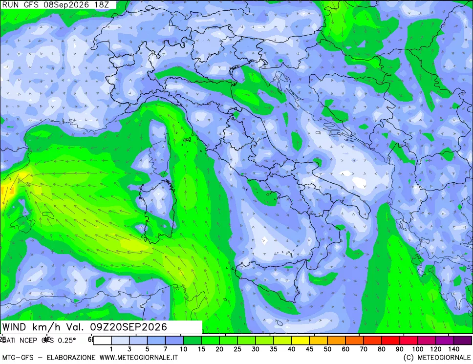 mappa 10 m Vento forza e direzione