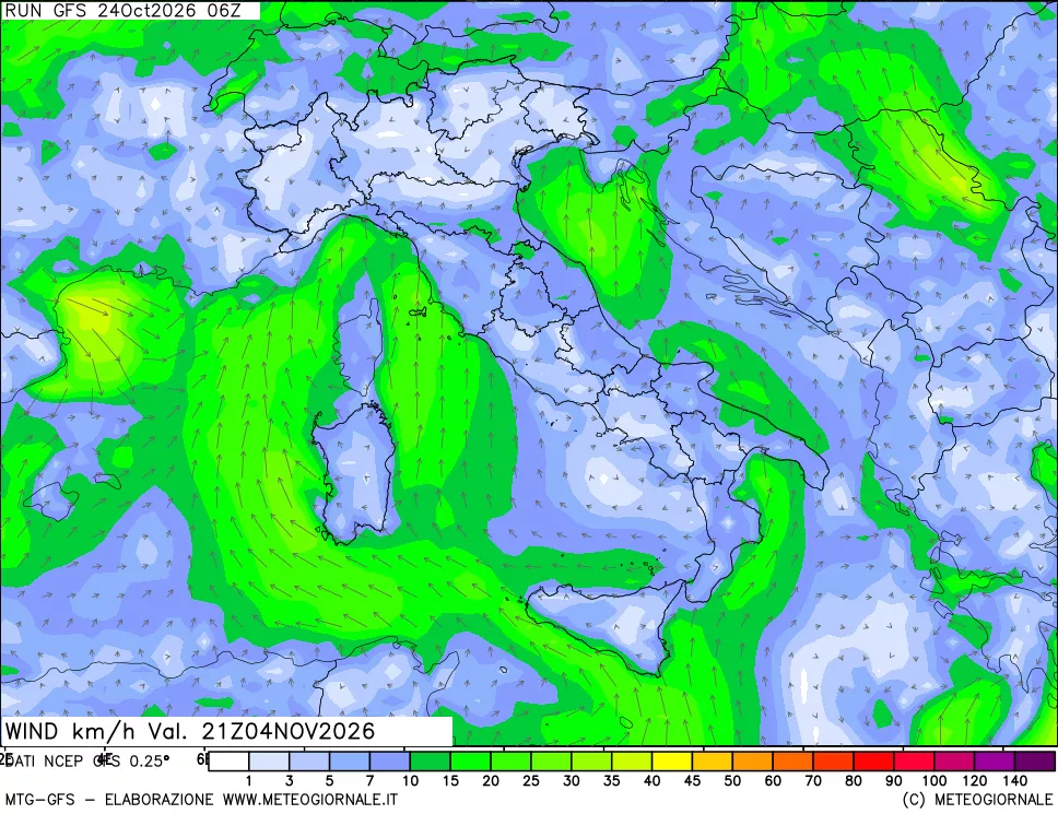 mappa 10 m Vento forza e direzione