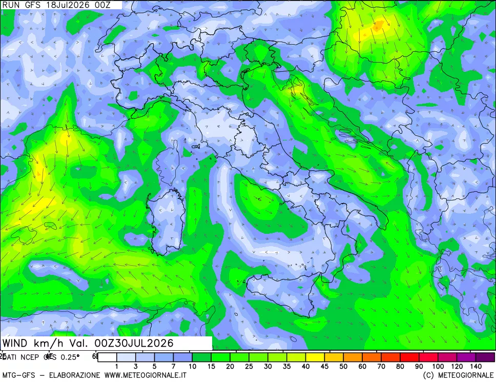 mappa 10 m Vento forza e direzione