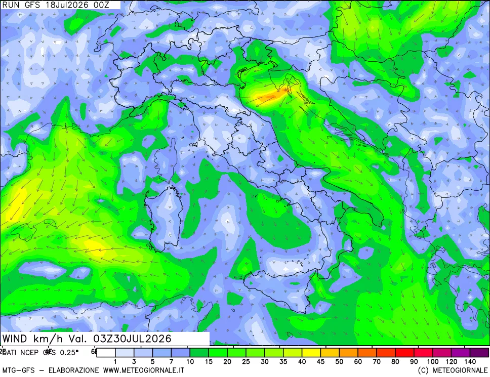 mappa 10 m Vento forza e direzione