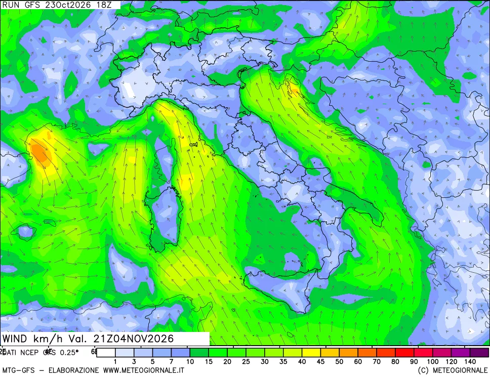 mappa 10 m Vento forza e direzione