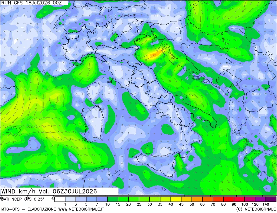 mappa 10 m Vento forza e direzione