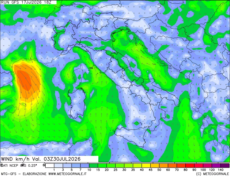 mappa 10 m Vento forza e direzione