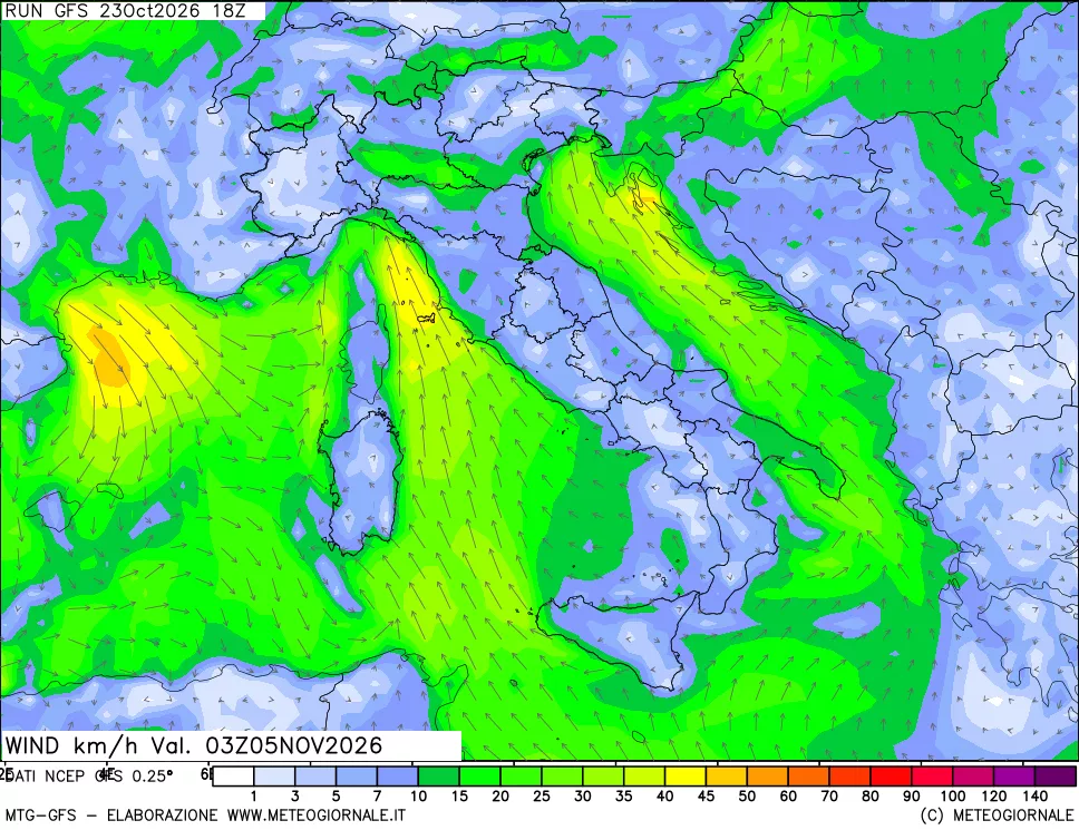 mappa 10 m Vento forza e direzione