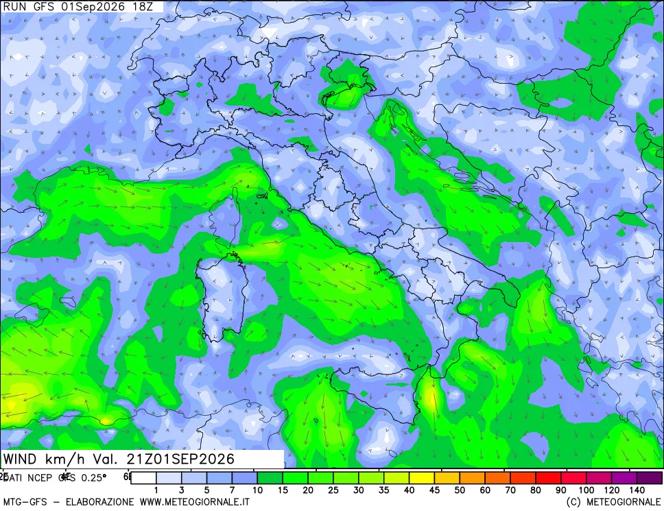 mappa 10 m Vento forza e direzione