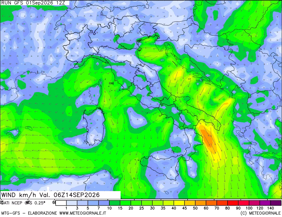 mappa 10 m Vento forza e direzione