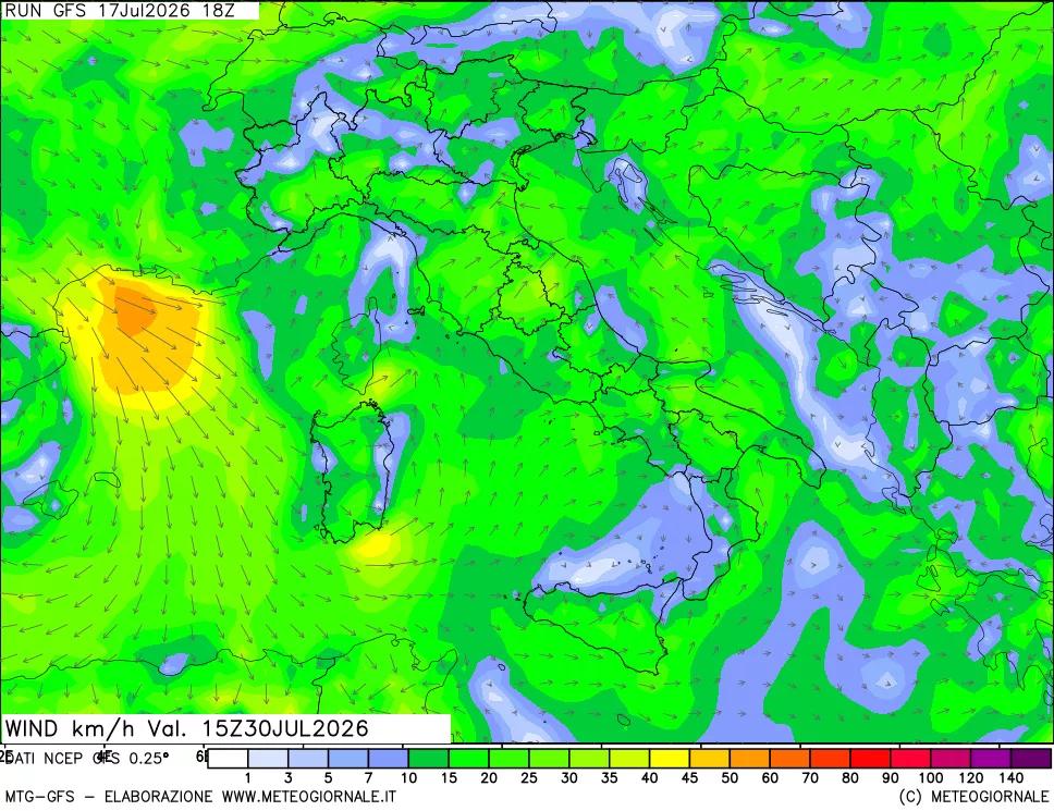 mappa 10 m Vento forza e direzione