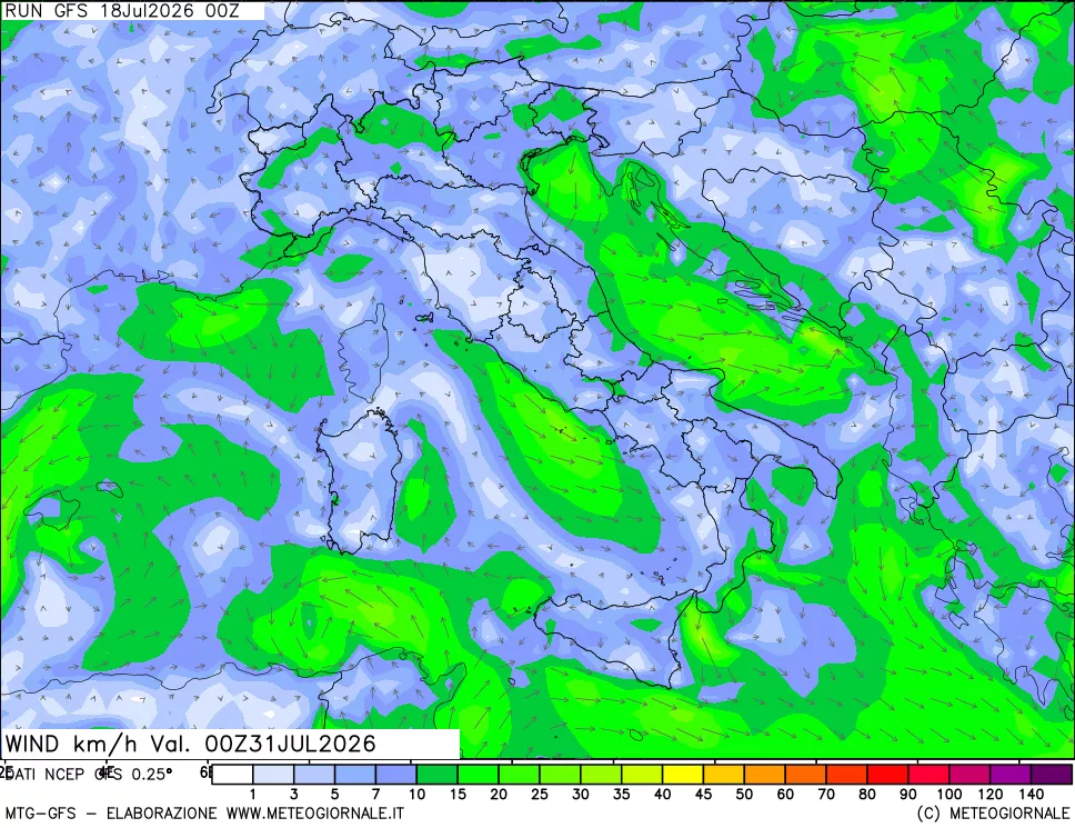 mappa 10 m Vento forza e direzione