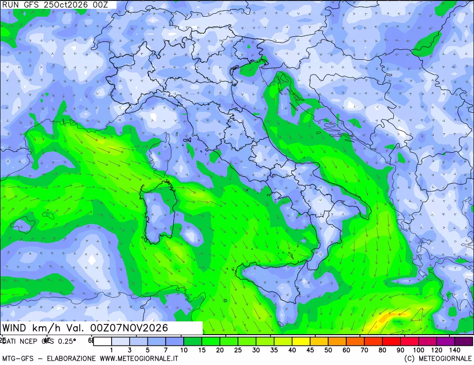 mappa 10 m Vento forza e direzione