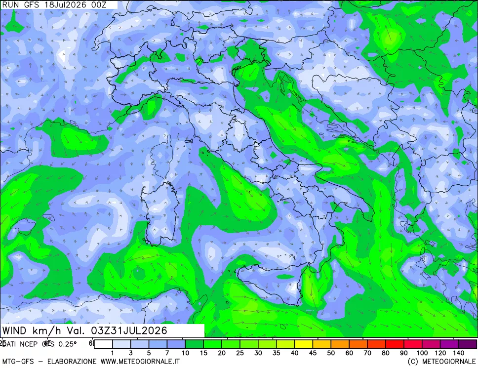 mappa 10 m Vento forza e direzione