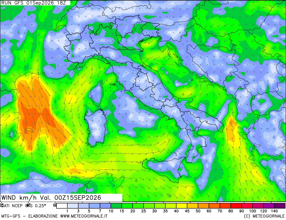 mappa 10 m Vento forza e direzione