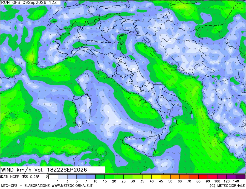 mappa 10 m Vento forza e direzione