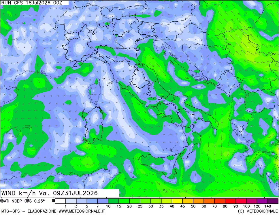 mappa 10 m Vento forza e direzione