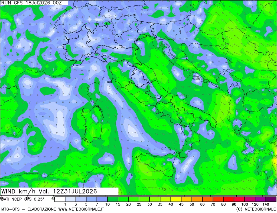 mappa 10 m Vento forza e direzione