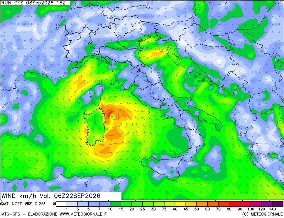 mappa 10 m Vento forza e direzione