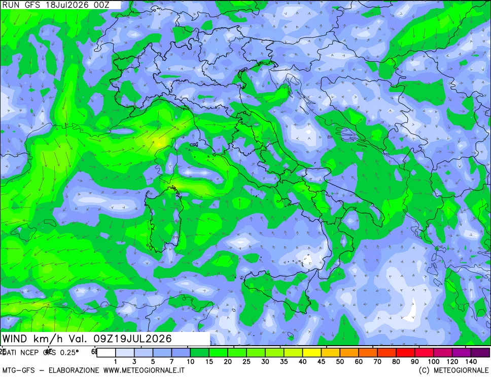 mappa 10 m Vento forza e direzione