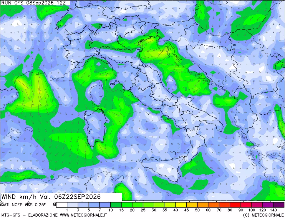 mappa 10 m Vento forza e direzione